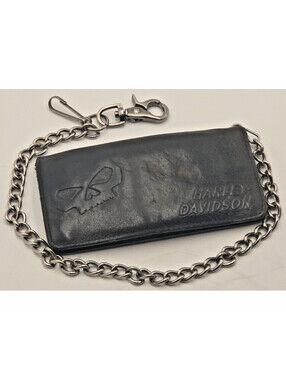 Harley Davidson Willie G Skull Bifold Leather Biker Chain Wallet BM2616L-TanBlk